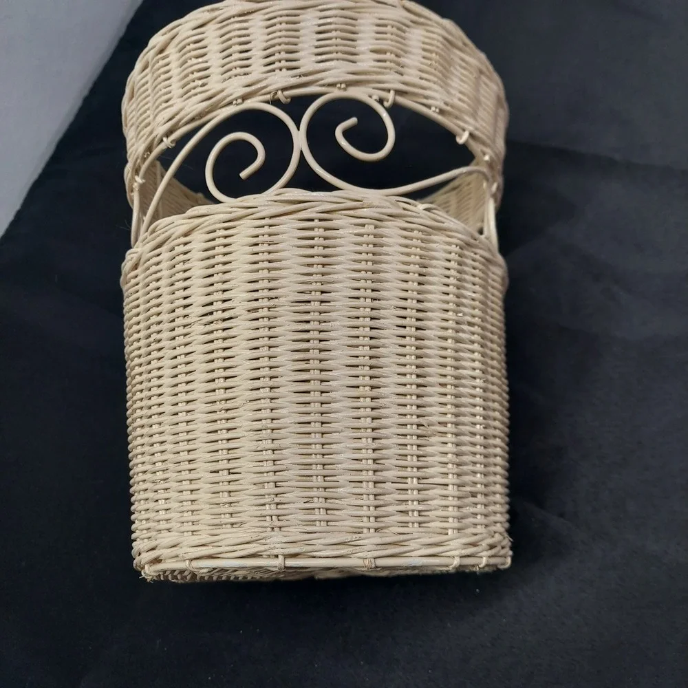 Vintage Wicker Wastebasket Cream White Scrollwork Metal Accents Storage Basket